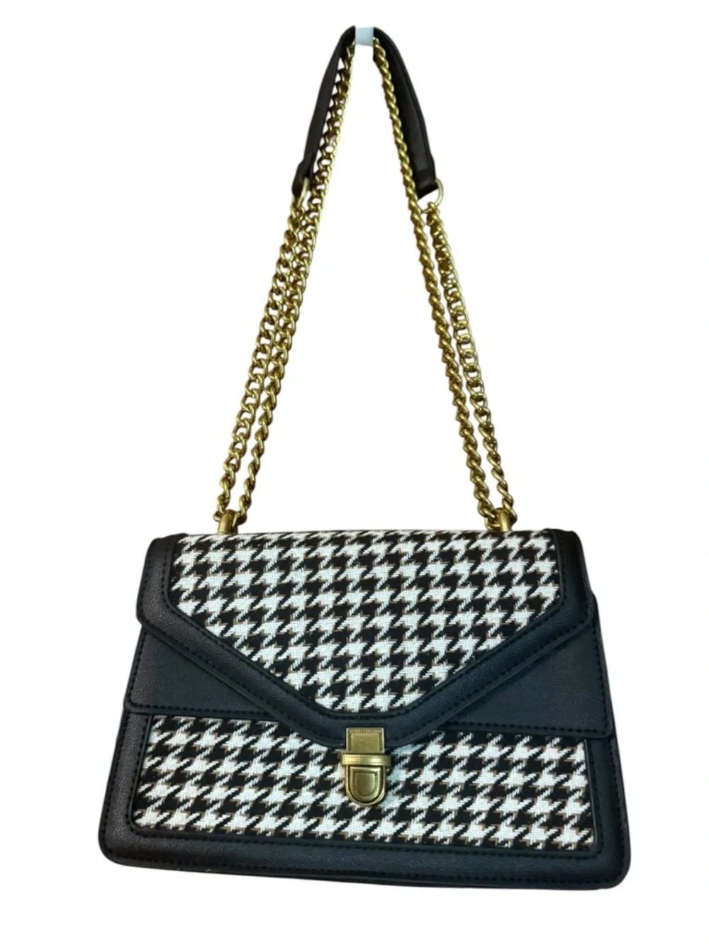 Classic Houndstooth Crossbody Shoulder Bag Adjustable Gold Chain Old Money